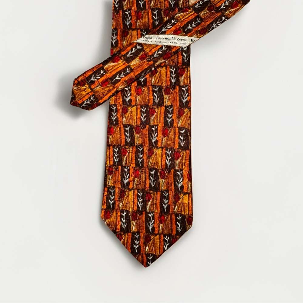 VTG Ermenegildo Zegna Silk Brown Geometric Floral Neck Tie  Made In Italy 56 - Picture 3 of 6